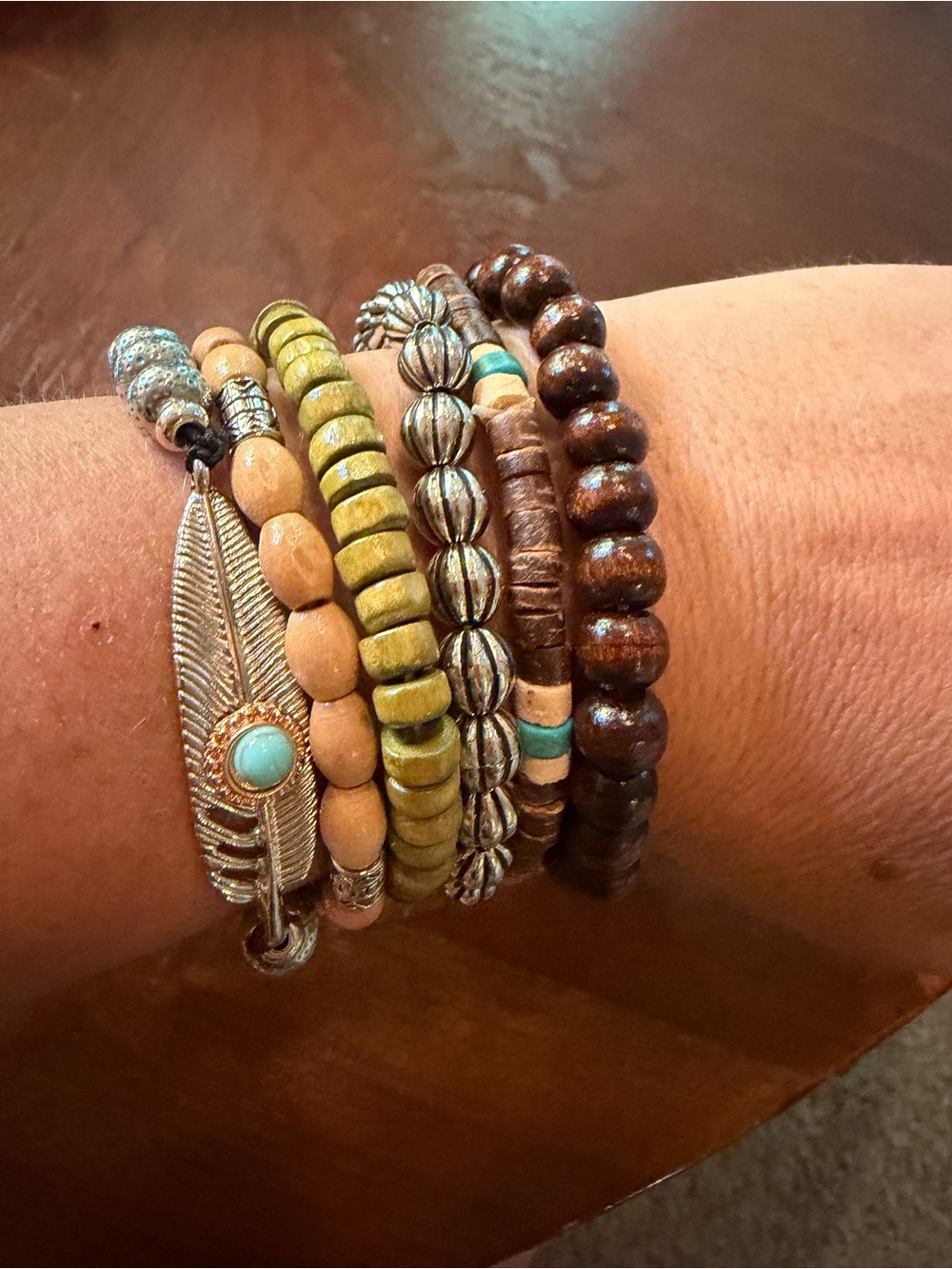 Layered Beaded Feather Bracelet Set in Brown, Tan & Turquoise